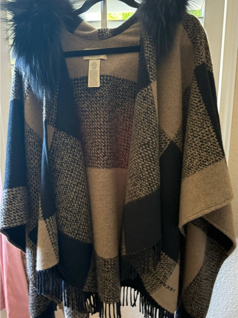 Burberry Black and Taupe Plaid Wool Poncho with Fur Collar